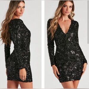 Windsor Black floral Sequin V-Neck Long Sleeve Mini Dress size small worn once
